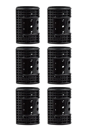Six black plastic cylindrical containers with holes on a white background