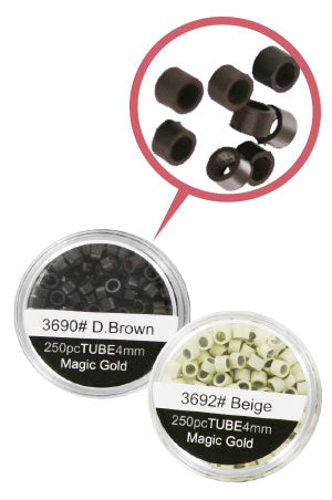 Two containers of beads labeled 'D Brown' and 'Beige' with a close-up inset showing the beads.