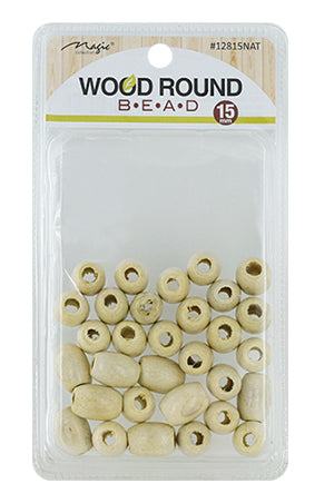 Packaged wood round beads with a clear front and visible brand name.