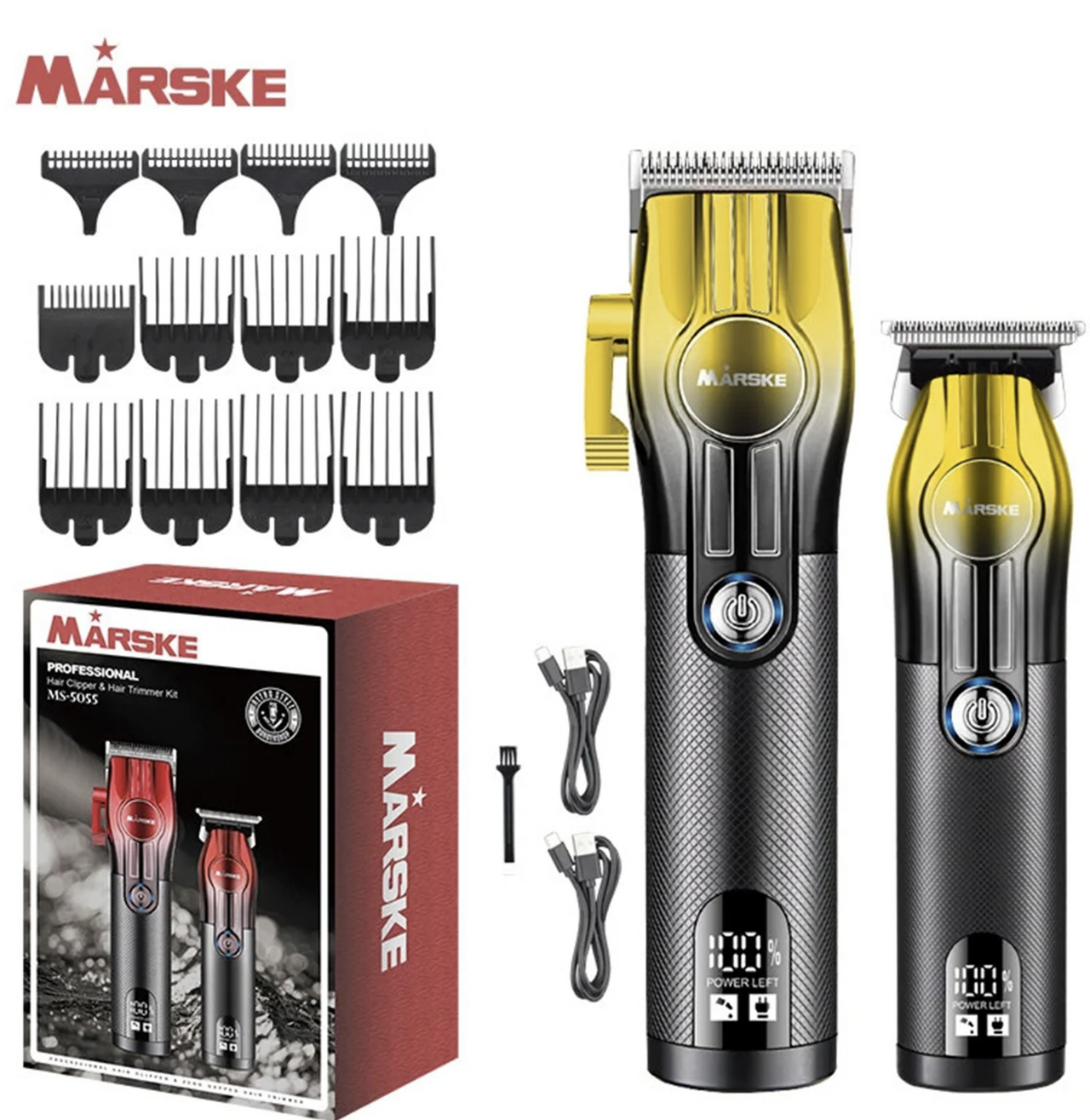 Marske hair trimmer set with attachments and packaging on a white background