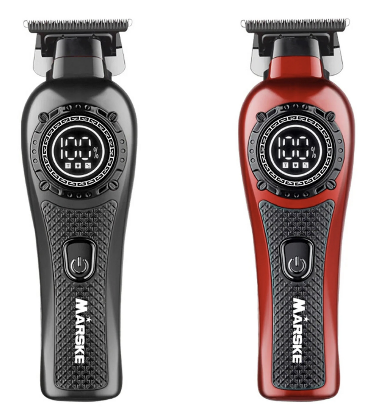 Two electric shavers, one black and one red, with digital displays on a white background.