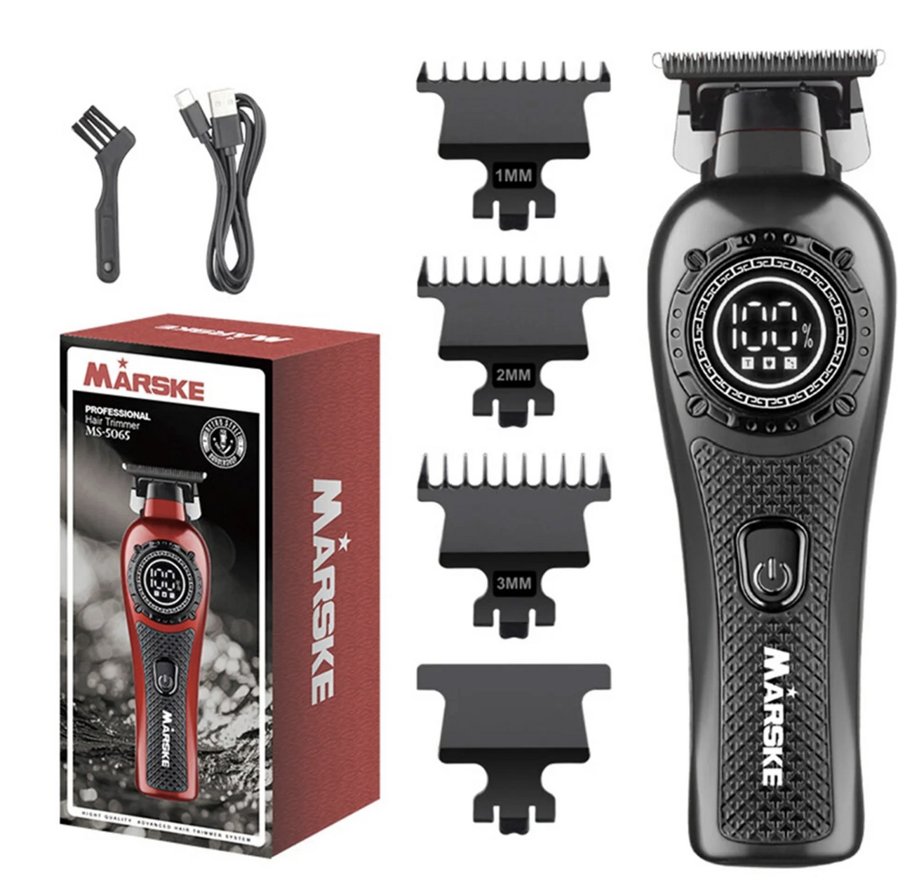 Märske grooming tool set with trimmer, attachments, and packaging on a white background