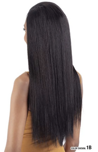 Thumbnail for A woman shown from the back wearing a long, straight, black wig. The wig is displayed on a model with a warm skin tone wearing a mustard yellow top, set against a plain white background.