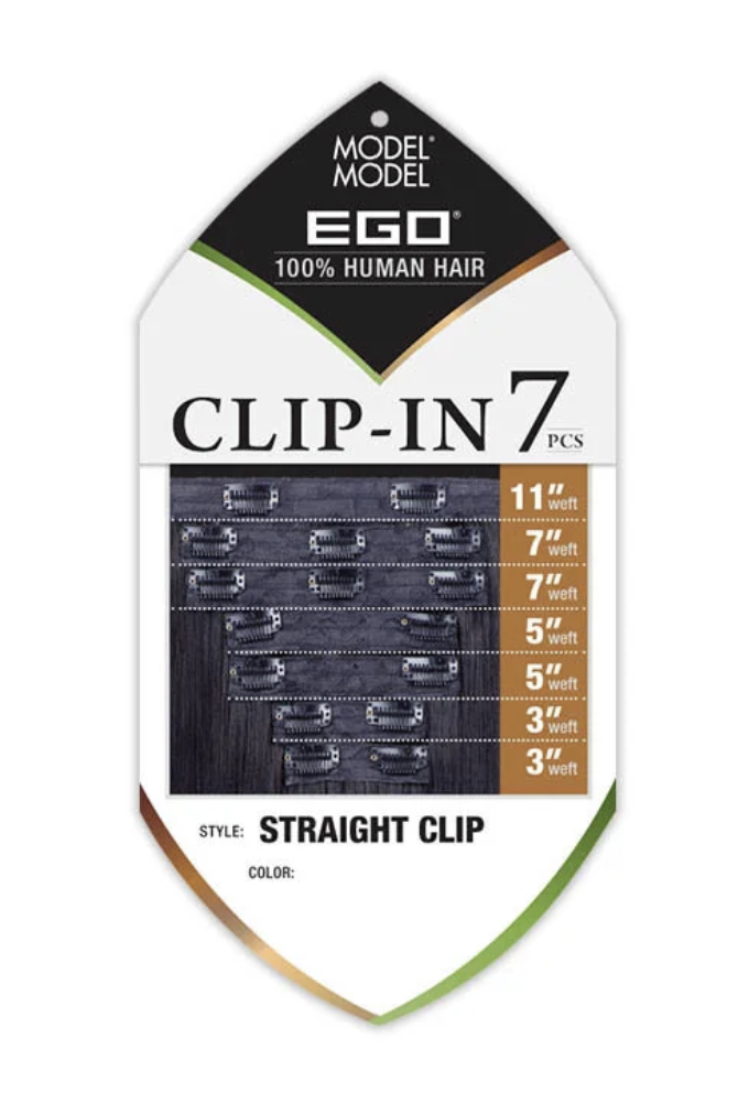 A retail package of EGO Clip-In 7-piece human hair extension clips in a straight clip style. The packaging is white with a black top section and a brown side column showing different clip-in lengths from 3 inches to 11 inches.