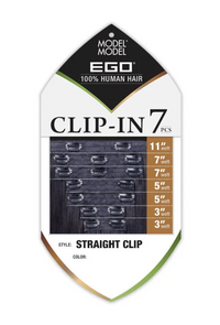 Thumbnail for A retail package of EGO Clip-In 7-piece human hair extension clips in a straight clip style. The packaging is white with a black top section and a brown side column showing different clip-in lengths from 3 inches to 11 inches.