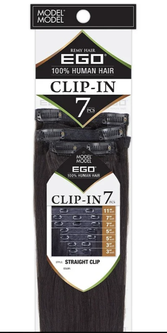 Model Model EGO Clip-In 7 Piece Straight Hair extension pack in remy hair, black color, 3.5 inches, 100% human hair.