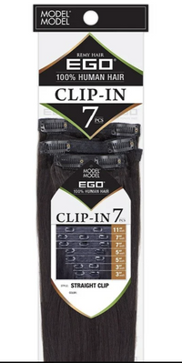 Thumbnail for Model Model EGO Clip-In 7 Piece Straight Hair extension pack in remy hair, black color, 3.5 inches, 100% human hair.