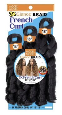 Thumbnail for Packaging of 3X Glance Braid French Curl hair extensions with product details on a blue background.