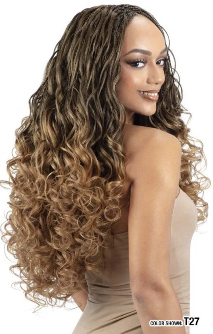Woman with long, wavy, blonde hair on a white background
