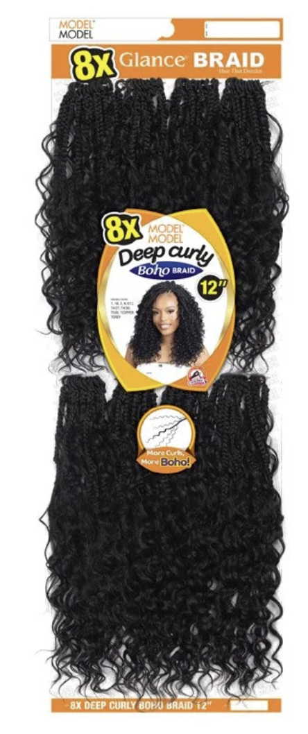 8x Deep Curly Braid hair extension packaging with black hair strands.