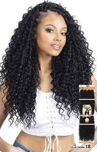 Thumbnail for Woman with long, curly hair next to a package of hair extensions on a white background