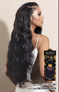 Thumbnail for A woman shown from the back wearing a long, wavy, deep black wig. The image includes a product packaging box on the right side and text at the bottom indicating the length shown is 22