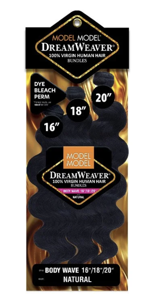 Packaged Dreamweaver body wave human hair bundles in three lengths: 16 inches, 18 inches, and 20 inches. The black packages feature gold and white branding with flame graphics in the background.