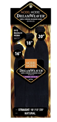Thumbnail for Packaged DreamWeaver synthetic or human hair bundles in a black color, shown on a gold and black retail card with size options 16, 18, and 20 inches.