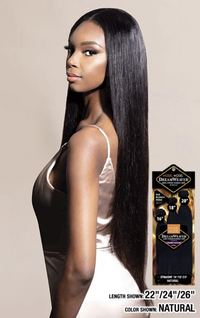 Thumbnail for A woman with long, straight, black hair models a hair extension or wig, shown from the side against a beige studio background. A product package for 'Hair Dream Weaver' is visible on the right, along with text indicating the length is 22