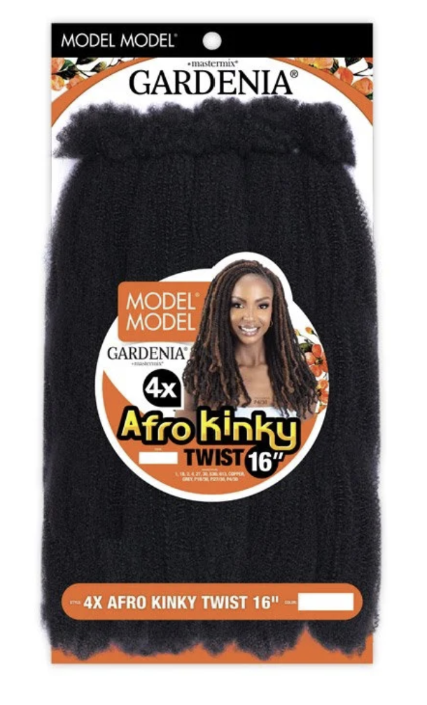 Gardenia Model Model 4x Afro Kinky Twist 16-inch hair extension in black, shown in its retail packaging with a model photo on the label.