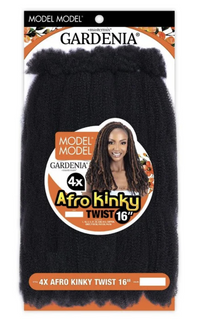 Thumbnail for Gardenia Model Model 4x Afro Kinky Twist 16-inch hair extension in black, shown in its retail packaging with a model photo on the label.