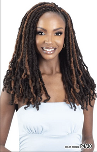 Thumbnail for A smiling woman with long, tight, twisted dreadlocks or box braids in dark brown and lighter caramel-brown tones, wearing a white strapless top against a plain white background. Text in the lower right reads 'COLOR SHOWN P4/30'.