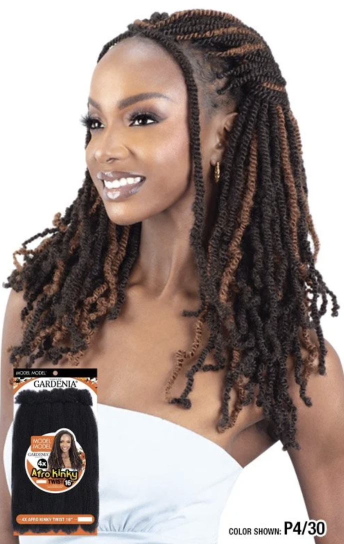 A woman modeling long, dark brown to black twist-style braids with lighter brown highlights, shown against a plain white background with a product package and text overlay in the lower left.