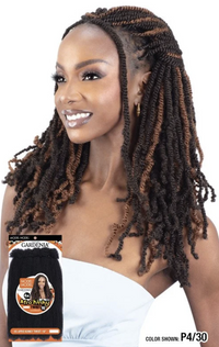 Thumbnail for A woman modeling long, dark brown to black twist-style braids with lighter brown highlights, shown against a plain white background with a product package and text overlay in the lower left.