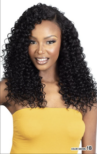 Thumbnail for A woman modeling a voluminous, dark brown to black curly wig against a plain white background. She is wearing a yellow strapless top, and a small text label in the bottom right corner reads 'COLOR SHOWE 1B'.