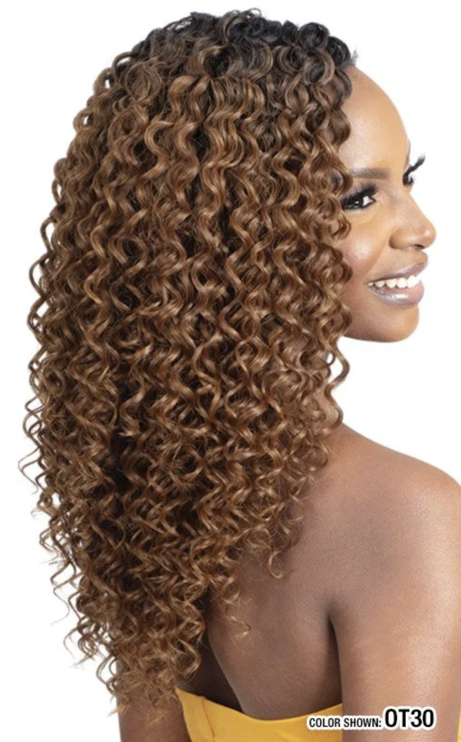 A woman shown from the back and side wearing a long, curly wig with dark roots and warm medium-brown highlights. The wig is photographed against a plain white background, and a small label in the bottom right reads 'COLOR SHOWING: OT30'.