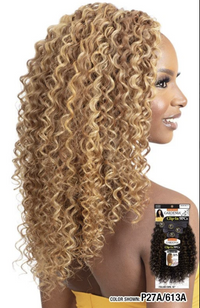 Thumbnail for A woman shown in side profile wearing a long, curly wig with highlighted golden-blonde and light brown tones. A package insert for a hair extension product is visible at the lower right, and text at the bottom reads 'COLOR SHOWN: P27A/613A'.