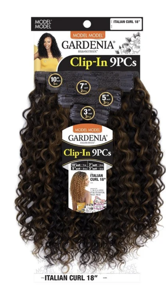 Gardenia Clip-In 9PCS hair extensions in a dark brown to black ombre color, featuring tight 18-inch Italian curls on a white and black retail card.