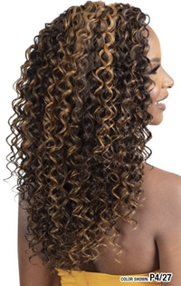 Thumbnail for A woman shown in side profile wearing a long, voluminous curly wig with dark brown and warm honey-blonde highlights. The background is solid white, and a text label in the bottom right corner reads 'COLOR SHOWN: P4/27'.