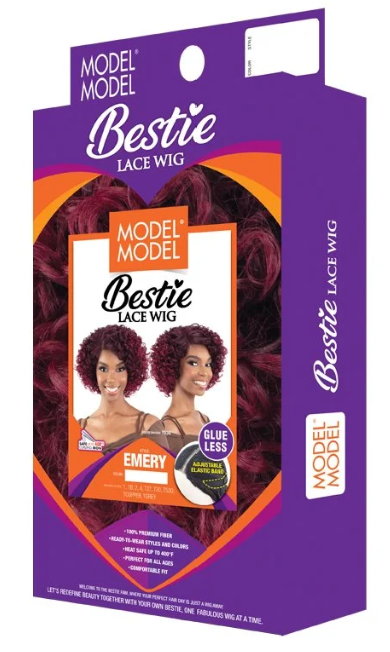 Model Model Bestie lace wig packaging with purple and orange design