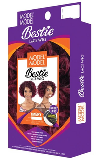 Thumbnail for Model Model Bestie lace wig packaging with purple and orange design