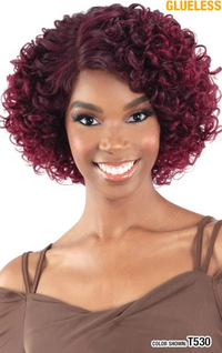Thumbnail for Woman wearing a burgundy wig with a white background