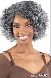 Thumbnail for Woman with gray curly wig wearing a brown top