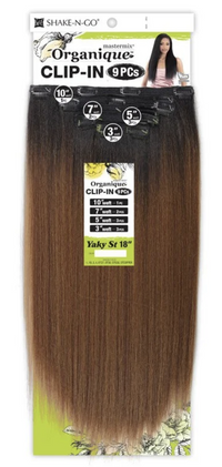 Thumbnail for Shake-N-Go Organique Clip-In hair extensions in a Yaky St 18 color gradient, featuring a 10-inch clip and 7-inch, 5-inch, and 3-inch clips, packaged on a green and white cardboard backing.