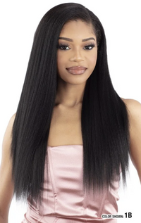Thumbnail for A woman modeling a long, straight black wig with a natural-looking hairline, wearing a light pink satin top against a plain white background.