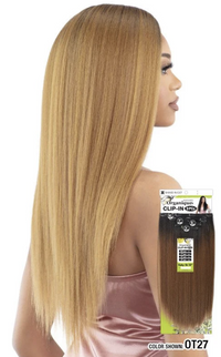Thumbnail for A woman shown from the back wearing a long, straight clip-in hair extension. The hair is a warm blonde with golden-brown lowlights, and the package insert for the hair extension is visible on the right side.