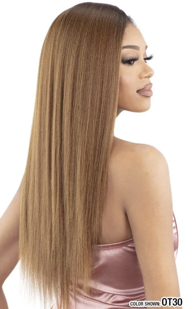 A woman shown from the back and side profile wearing a long, straight wig in shade OT30. The wig has a warm golden-brown root with lighter honey-blonde ends.