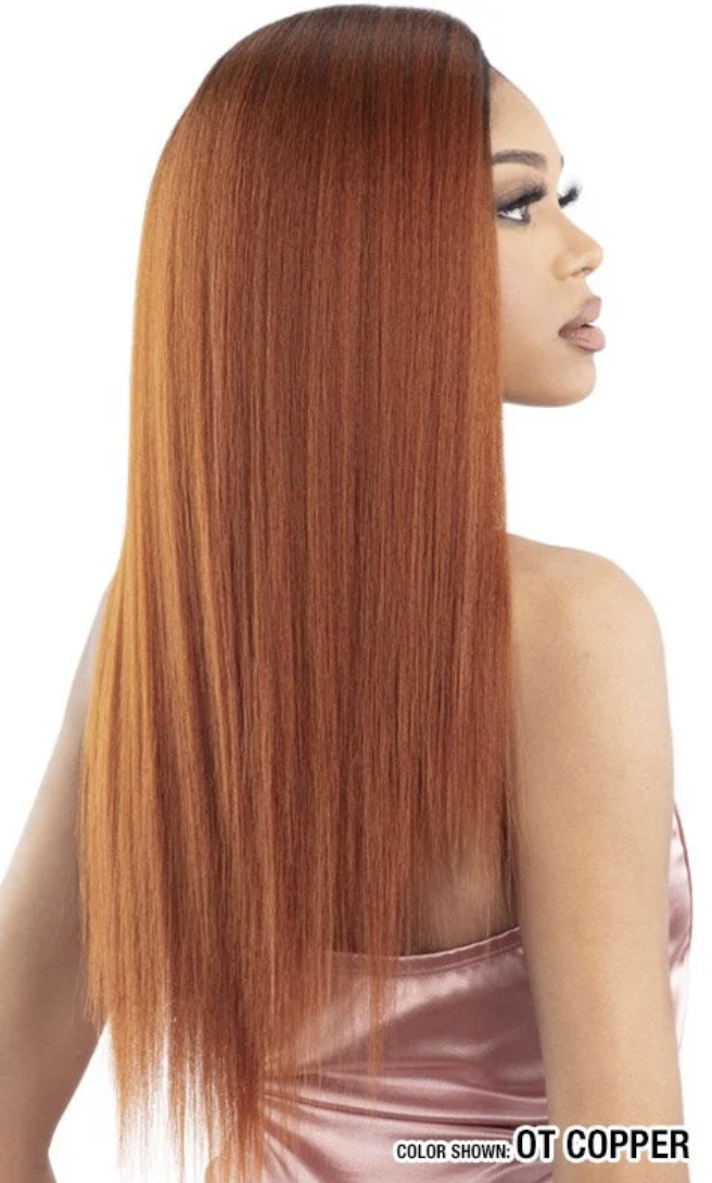 A woman shown from the back and side profile wearing a long, straight wig in a warm copper-auburn shade against a plain white background. Text at the bottom reads 'COLOR SHOWING OT COPPER'.