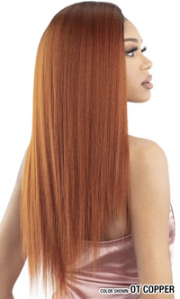 Thumbnail for A woman shown from the back and side profile wearing a long, straight wig in a warm copper-auburn shade against a plain white background. Text at the bottom reads 'COLOR SHOWING OT COPPER'.