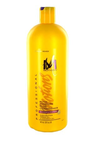 A yellow bottle of Motions Active Moisture Plus Conditioner, 32oz size.