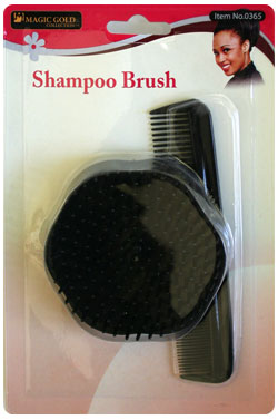 Shampoo brush and comb set in packaging with a woman's face on the label.