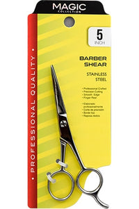 Thumbnail for A 5-inch stainless steel barber shear from the Magic Collection, mounted on its original yellow and red retail blister card packaging.