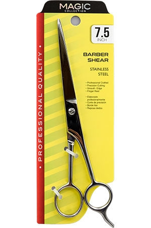 Magic Collection 7.5 inch Barber Shear stainless steel scissors in retail packaging with a yellow and green striped backing card.