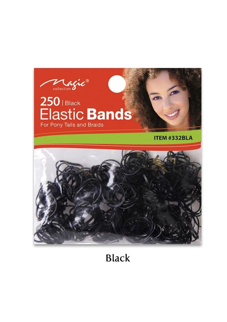 A package of 250 black elastic bands for pony tails and braids, shown in a clear plastic bag with a red and green header card featuring the brand name 'Majestic' and a model photo. The word 'Black' is printed below the package.