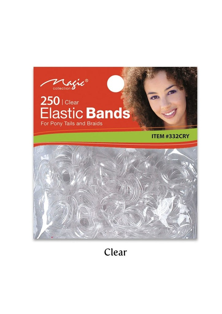 Magic Collection 250 Clear Elastic Bands in a red and green retail package, with a photo of a woman on the header card and the word 'Clear' printed below the package.