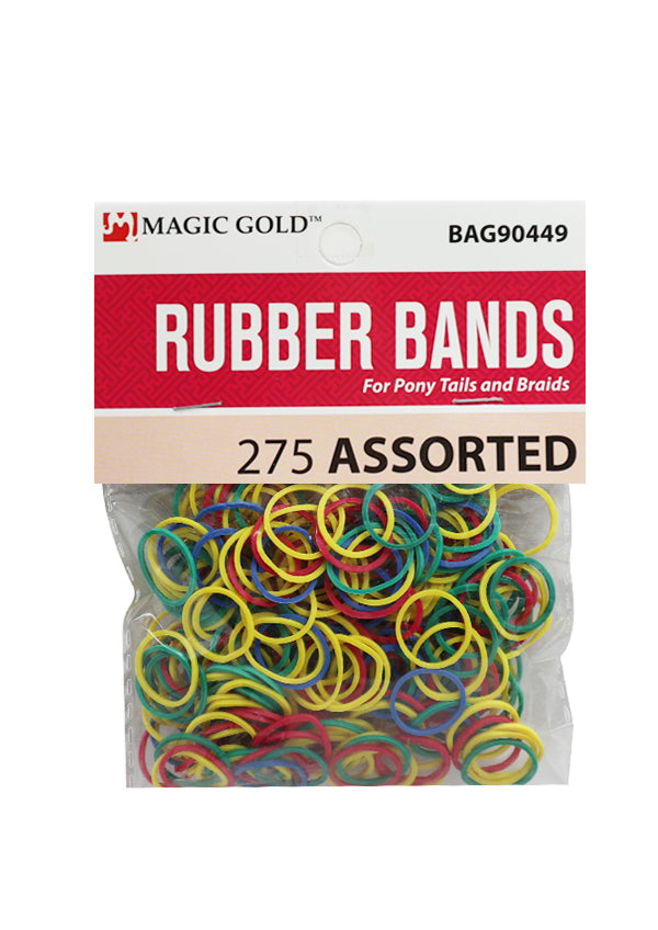 Bag of assorted rubber bands with a visible brand label on a white background