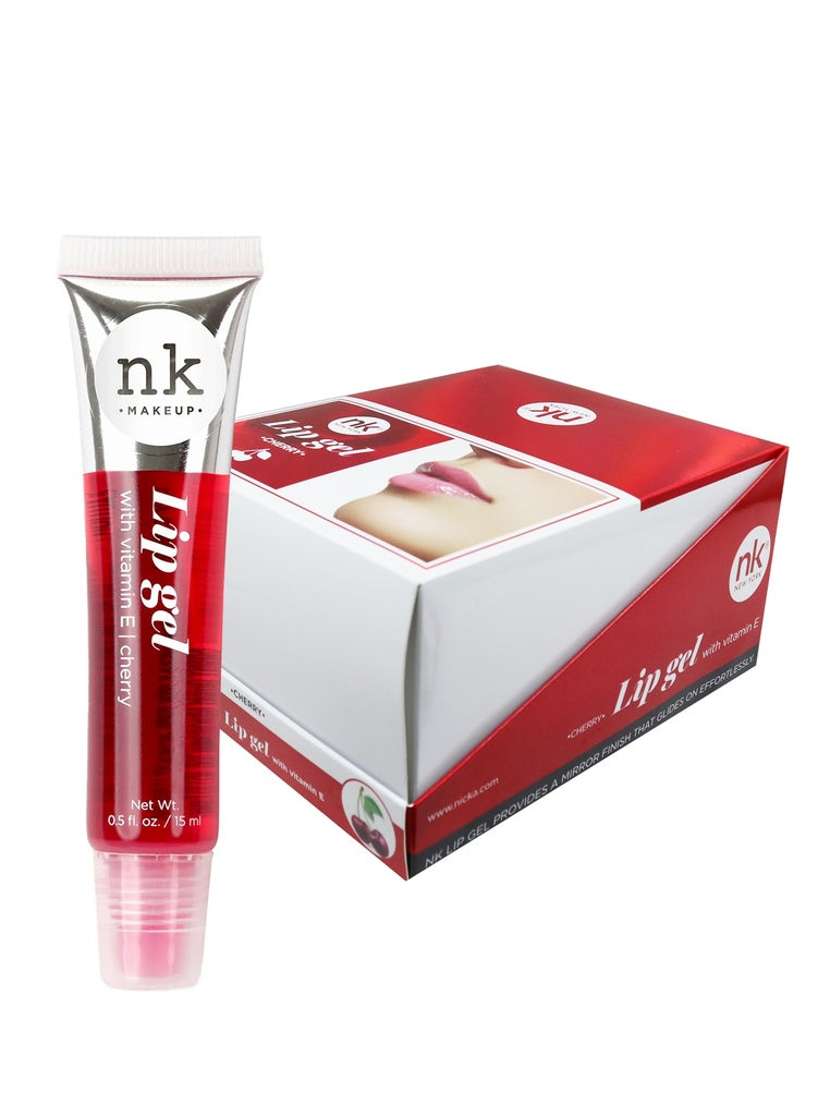 Lip gel tube and packaging with 'nk makeup' branding on a white background