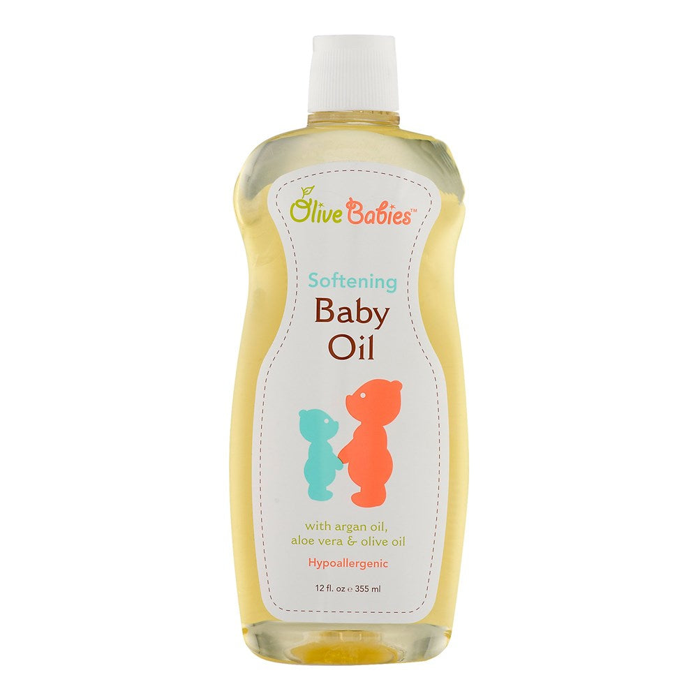 A bottle of OLIVE BABIES Softening Baby Oil with a yellow label and a graphic of two bears. The bottle is made of plastic and has a capacity of 12 ounces.