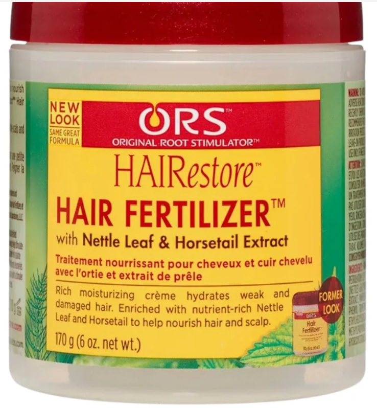 Jar of ORS Hair Restore Hair Fertilizer with a red lid and yellow label.