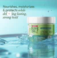 Thumbnail for ORF Olive Oil Strong Hold Edge Gel jar with water droplets on a blue background
